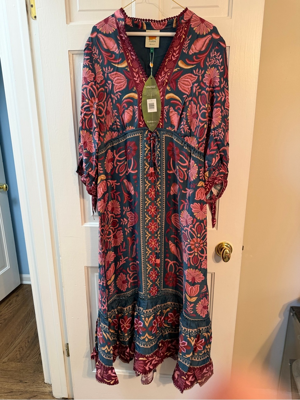 NWT FARM Rio Navy Pink Floral Boho Midi Dress Size Medium - Picture 2 of 8